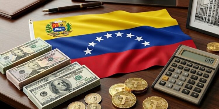 Bandera de Venezuela, monedas de USDT, dólares y una calculadora.