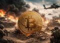 Moneda física de bitcoin dorada en medio de un contexto bélico y militar, con explosiones, efectivos, tanques y helicópteros de guerra.