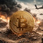Moneda física de bitcoin dorada en medio de un contexto bélico y militar, con explosiones, efectivos, tanques y helicópteros de guerra.