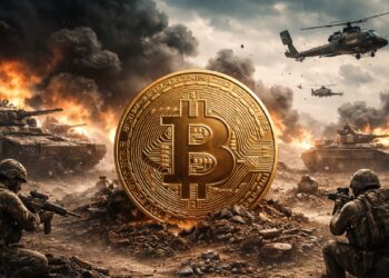 Moneda física de bitcoin dorada en medio de un contexto bélico y militar, con explosiones, efectivos, tanques y helicópteros de guerra.