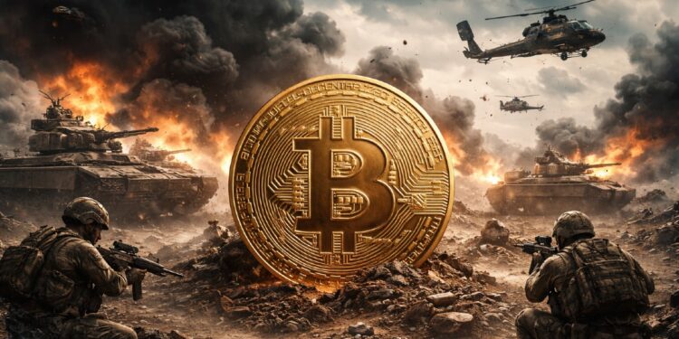 Moneda física de bitcoin dorada en medio de un contexto bélico y militar, con explosiones, efectivos, tanques y helicópteros de guerra.