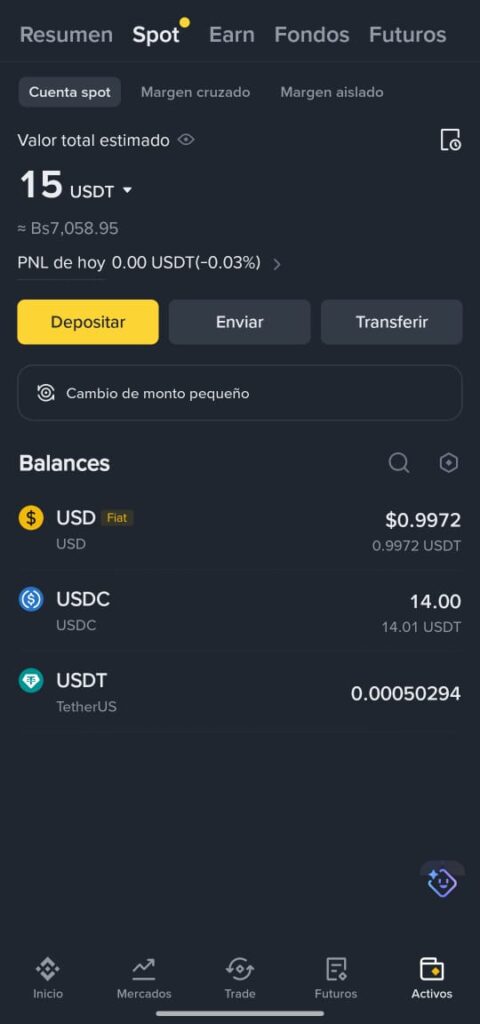 Captura de pantalla de la interfaz de Binance.