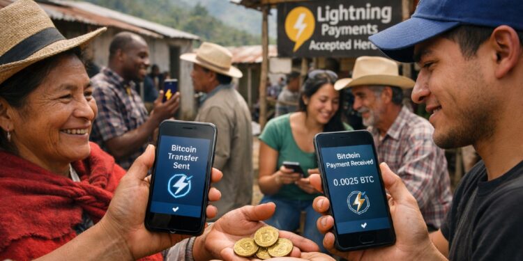 Imagen de una comunidad latinoamericana intercambiando bitcoin, con referencia a Lightning.