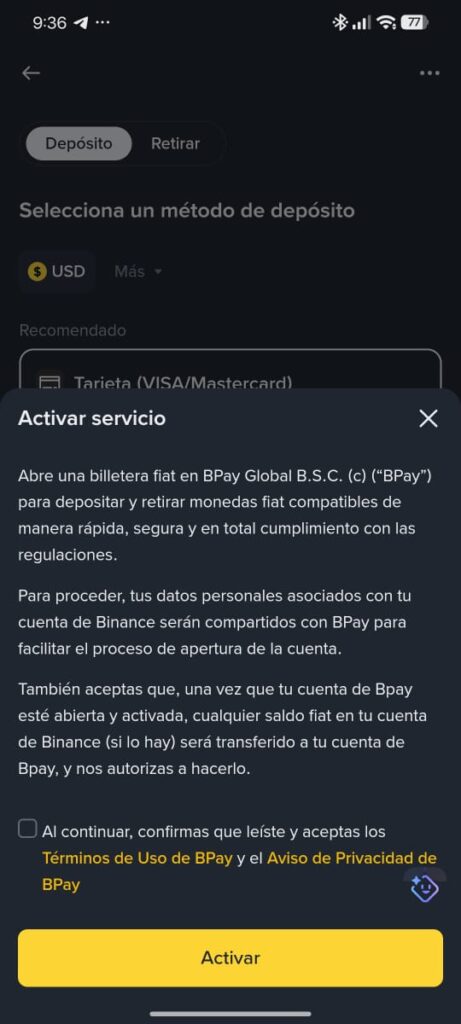 Captura de pantalla del disclaimer de Binance para activar la cuenta BPay Global desde Venezuela.