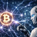 Moneda de bitcoin desprendiendo rayos junto a un robot de IA que intenta tocar la moneda.