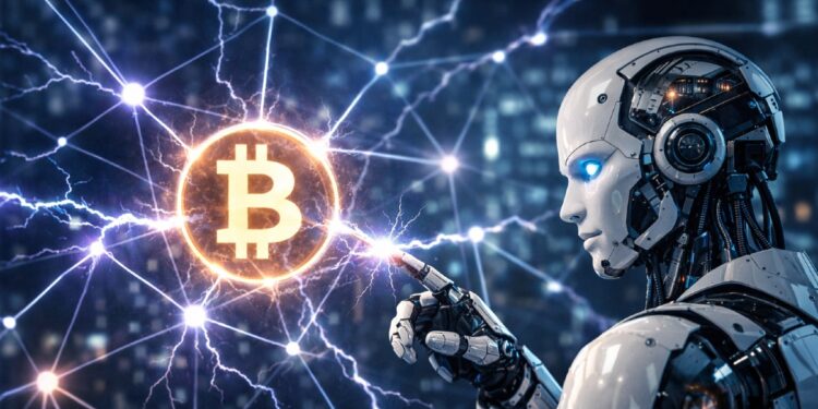 Moneda de bitcoin desprendiendo rayos junto a un robot de IA que intenta tocar la moneda.