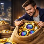 Un hombre junta en un saco monedas físicas de solana.