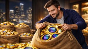 Un hombre junta en un saco monedas físicas de solana.