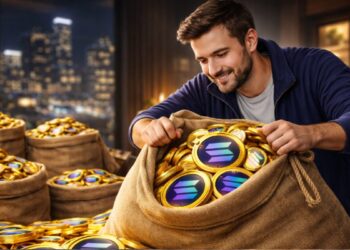 Un hombre junta en un saco monedas físicas de solana.