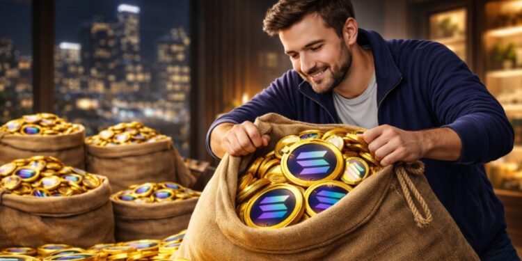 Un hombre junta en un saco monedas físicas de solana.