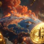 Planeta Tierra en llamas visto desde el espacio con continentes y ciudades ardiendo, mientras brillantes monedas de bitcoin, ether y otras criptomonedas flotan.