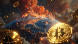 Planeta Tierra en llamas visto desde el espacio con continentes y ciudades ardiendo, mientras brillantes monedas de bitcoin, ether y otras criptomonedas flotan.