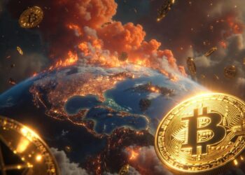 Planeta Tierra en llamas visto desde el espacio con continentes y ciudades ardiendo, mientras brillantes monedas de bitcoin, ether y otras criptomonedas flotan.