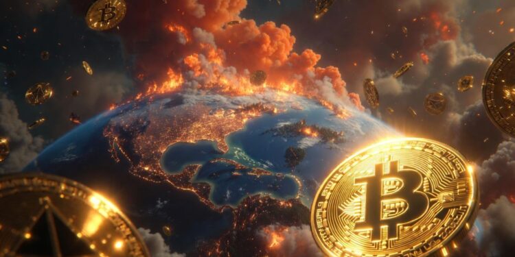 Planeta Tierra en llamas visto desde el espacio con continentes y ciudades ardiendo, mientras brillantes monedas de bitcoin, ether y otras criptomonedas flotan.