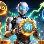 Un robot sostiene una criptomoneda de IA y estรก rodeado por otras criptomonedas.