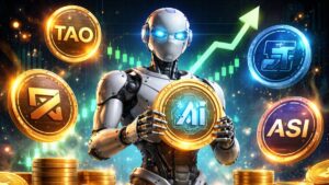 Un robot sostiene una criptomoneda de IA y está rodeado por otras criptomonedas.