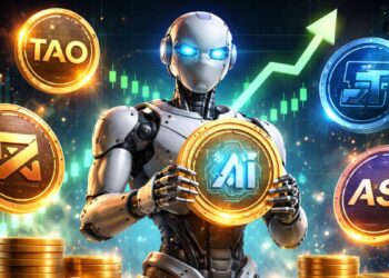 Un robot sostiene una criptomoneda de IA y está rodeado por otras criptomonedas.