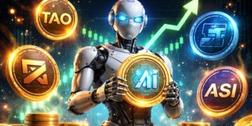 Un robot sostiene una criptomoneda de IA y está rodeado por otras criptomonedas.