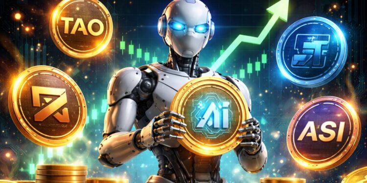 Un robot sostiene una criptomoneda de IA y está rodeado por otras criptomonedas.
