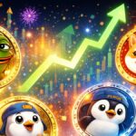 Memecoins fรญsicas rodeadas de fuegos artificiales y flechas verdes.