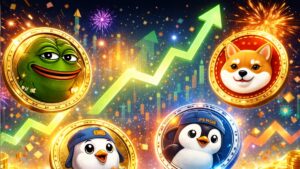 Memecoins físicas rodeadas de fuegos artificiales y flechas verdes.