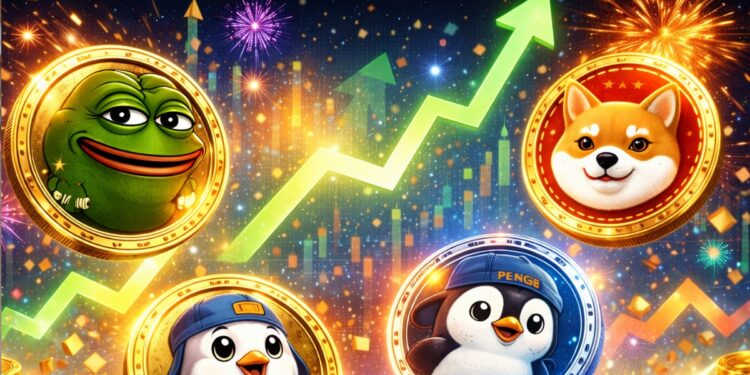 Memecoins físicas rodeadas de fuegos artificiales y flechas verdes.