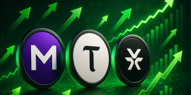 Monedas físicas de memecore, bittensor y dexe rodeadas de flechas verdes.