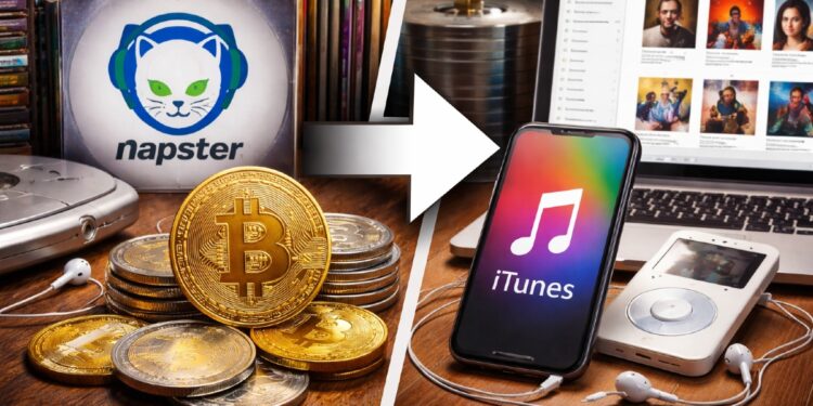 Bitcoin y criptomonedas en un escenario de transición de Napster a iTunes.