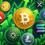 Moneda físicas de bitcoin, solana, ethereum, entre otras, rodeadas de flechas verdes.