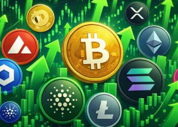 Moneda físicas de bitcoin, solana, ethereum, entre otras, rodeadas de flechas verdes.