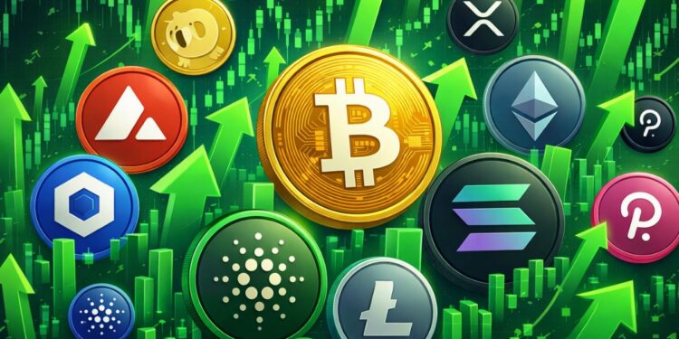 Moneda físicas de bitcoin, solana, ethereum, entre otras, rodeadas de flechas verdes.