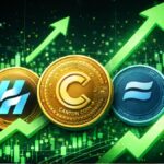 Moneda físicas de canton coin y otras, rodeadas de flechas verdes.