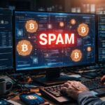 Persona al frente de una computadora que refleja logos de bitcoin y la palabra "spam".