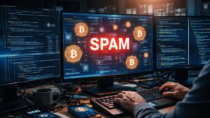 Persona al frente de una computadora que refleja logos de bitcoin y la palabra "spam".