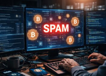 Persona al frente de una computadora que refleja logos de bitcoin y la palabra "spam".