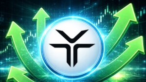 Una moneda física de dexe rodeada de flechas verdes