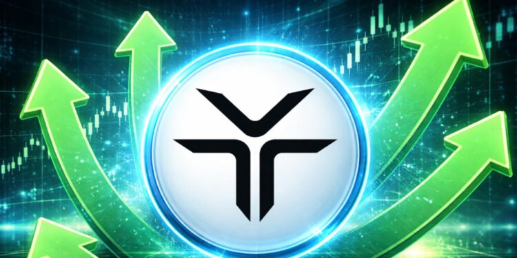 Una moneda física de dexe rodeada de flechas verdes