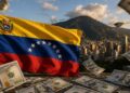 Bandera de Venezuela, con Caracas en el fondo, y billetes de dólares alrededor.