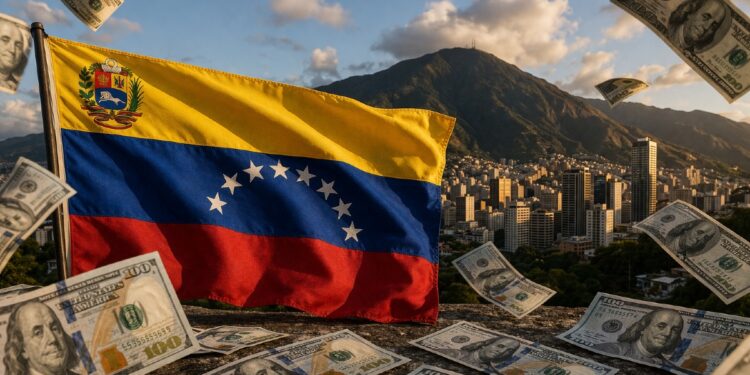 Bandera de Venezuela, con Caracas en el fondo, y billetes de dólares alrededor.