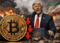 En primer plano: moneda de bitcoin con flechas hacia arriba y hacia abajo. En segundo plano: Donald Trump hablando. En tercer plano: imágenes genéricas de guerra en Irán.