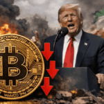 En primer plano: moneda de bitcoin con flechas hacia arriba y hacia abajo. En segundo plano: Donald Trump hablando. En tercer plano: imágenes genéricas de guerra en Irán.