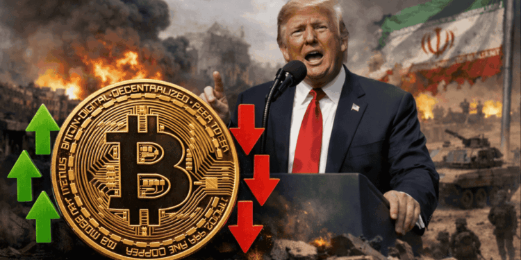 En primer plano: moneda de bitcoin con flechas hacia arriba y hacia abajo. En segundo plano: Donald Trump hablando. En tercer plano: imágenes genéricas de guerra en Irán.