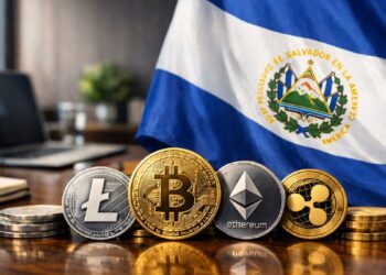 Distintas criptomonedas físicas, en un entorno empresarial y la bandera de El Salvador.