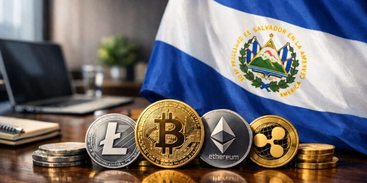Distintas criptomonedas físicas, en un entorno empresarial y la bandera de El Salvador.