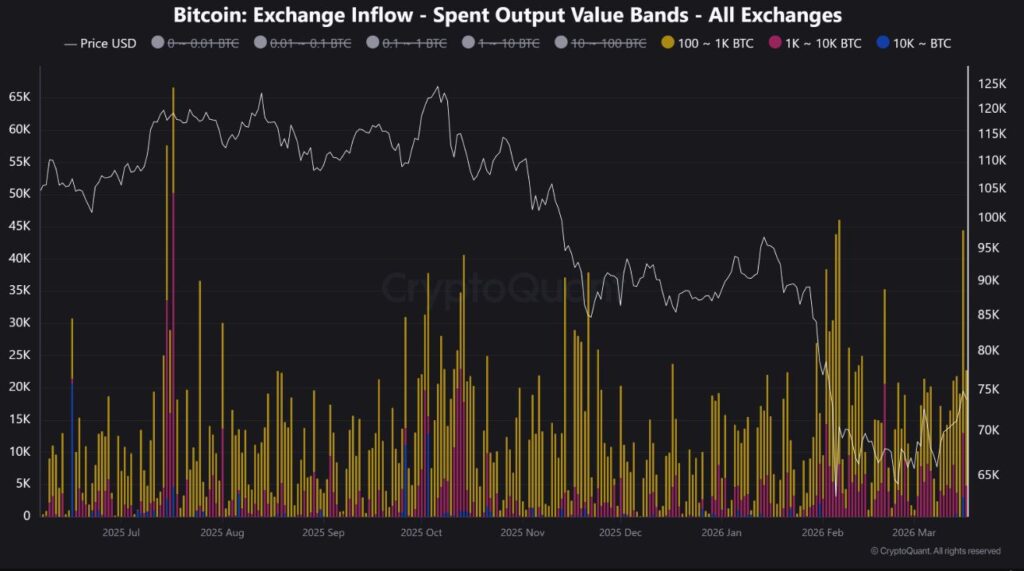 Gráfico de barras que muestra las entradas de bitcoin a exchanges.