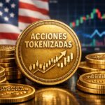 Monedas físicas doradas que dicen "ACCIONES TOKENIZADAS", con gráficas de mercado en el fondo y la bandera estadounidense.