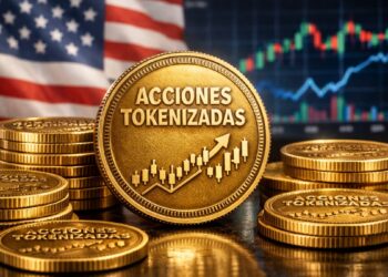 Monedas físicas doradas que dicen "ACCIONES TOKENIZADAS", con gráficas de mercado en el fondo y la bandera estadounidense.