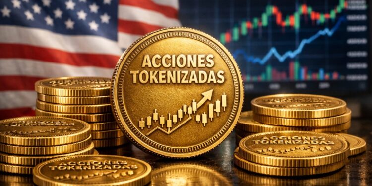 Monedas físicas doradas que dicen "ACCIONES TOKENIZADAS", con gráficas de mercado en el fondo y la bandera estadounidense.