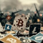 Logos de varias criptomonedas en un escenario bélico.