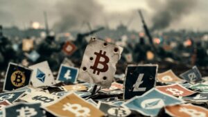Logos de varias criptomonedas en un escenario bélico.